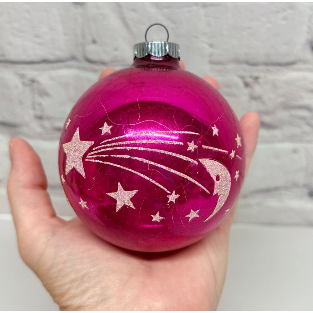 Shiny Brite Christmas Ornament Stenciled Moon Shooting Stars Atomic Jumbo Purple